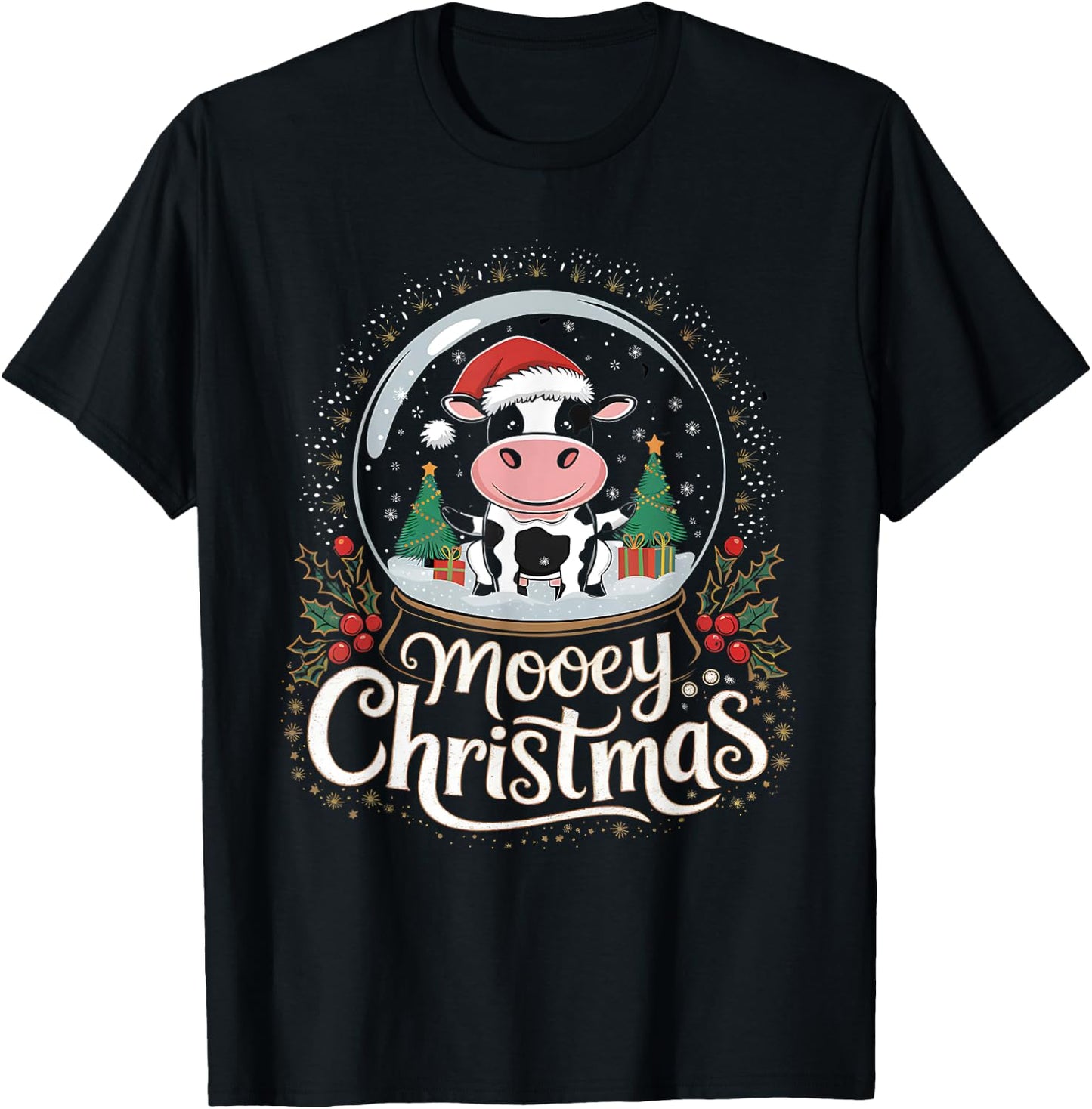 Mooey Christmas Cow Snow Globe Design | Festive Humor T-Shirt - T-Shirt | Black