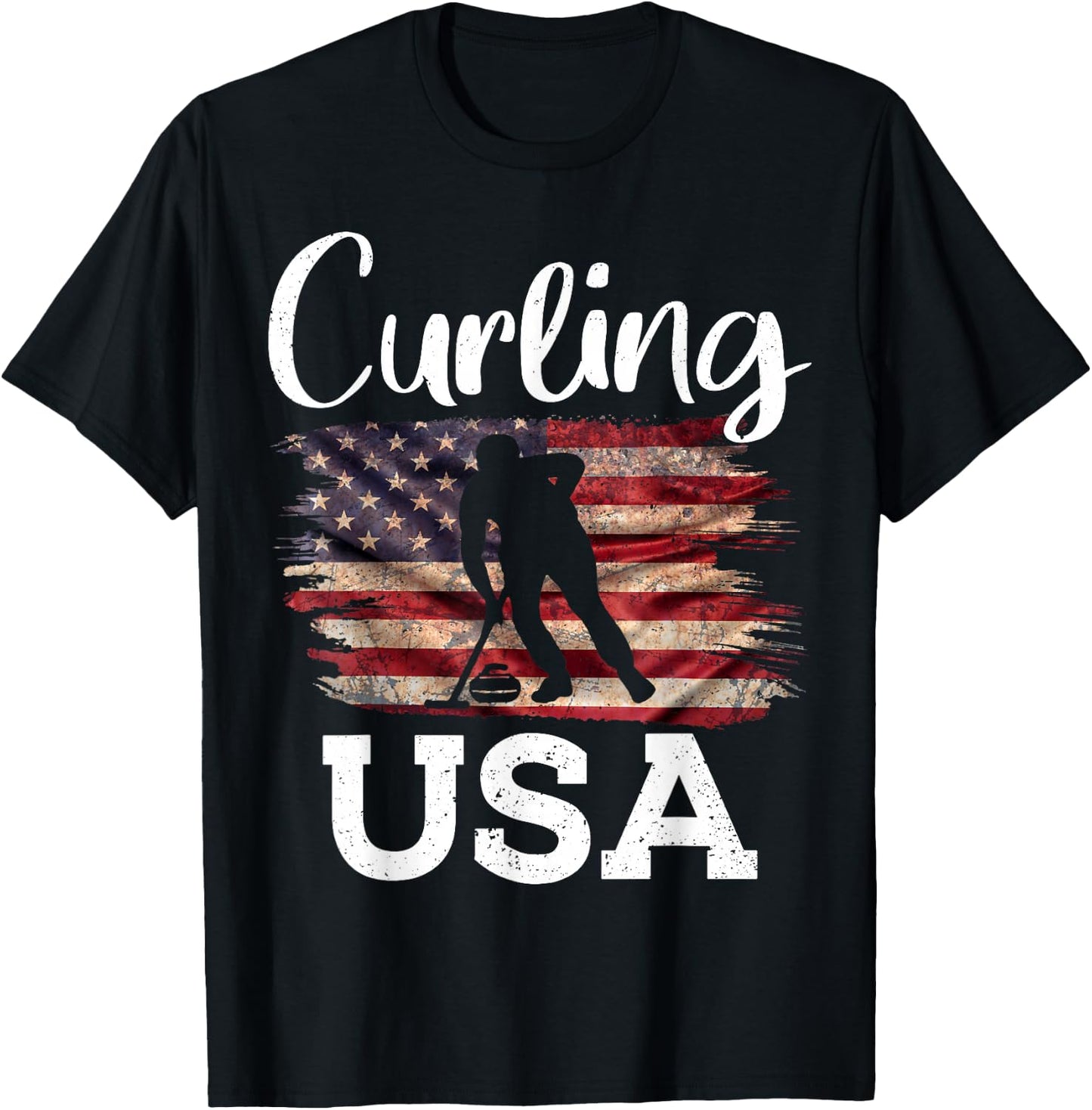 Curling USA Curler Winter Sports American Flag T-Shirt - T-Shirt | Black