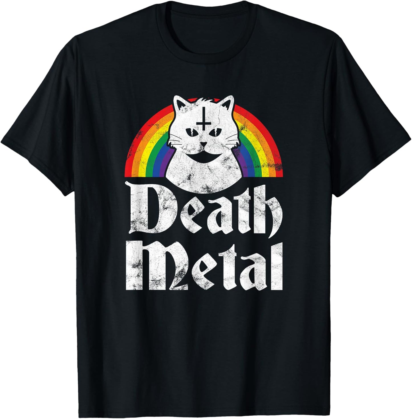Death Metal Satanic Cat Rainbow Rock Goth Concert T-Shirt - T-Shirt | Black