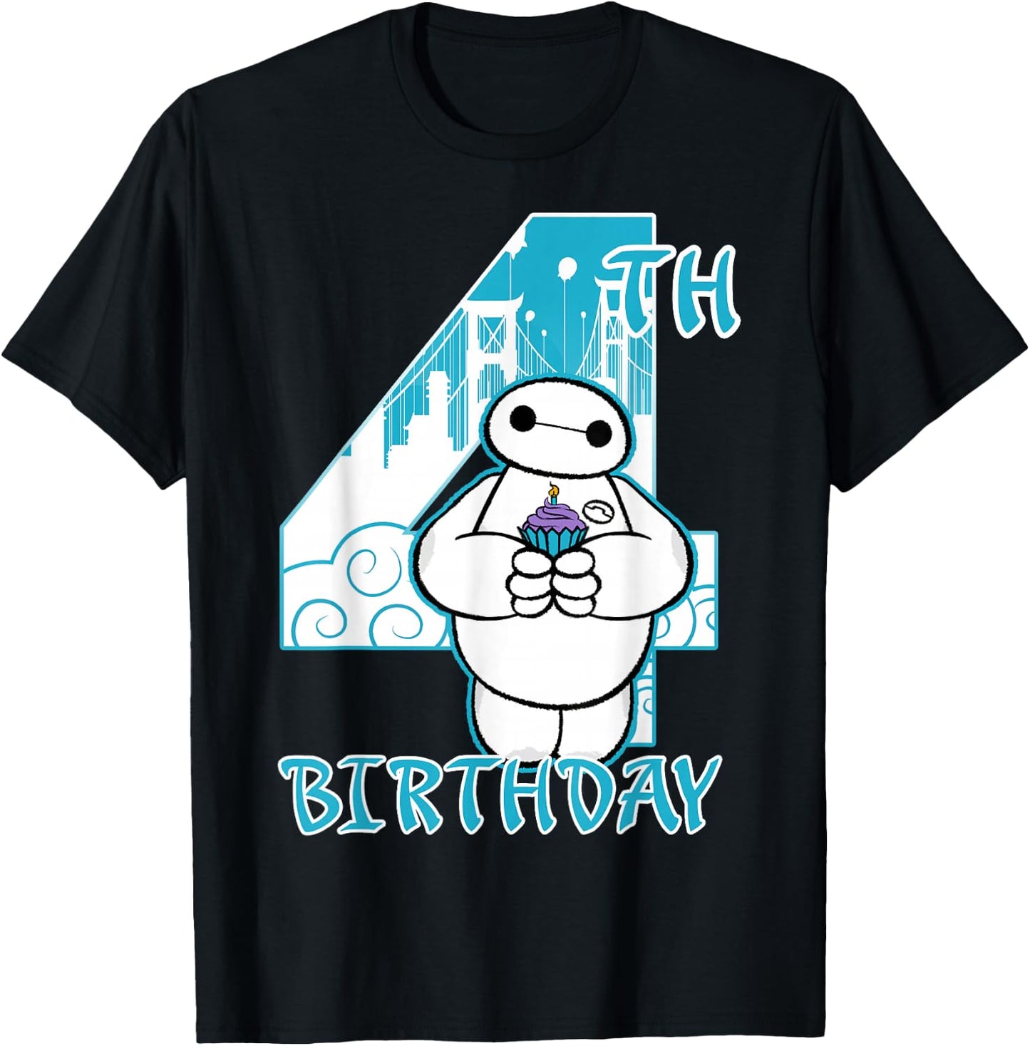 Disney Big Hero 6 Baymax 4th Birthday Cupcake Portrait T-Shirt - T-Shirt | Black