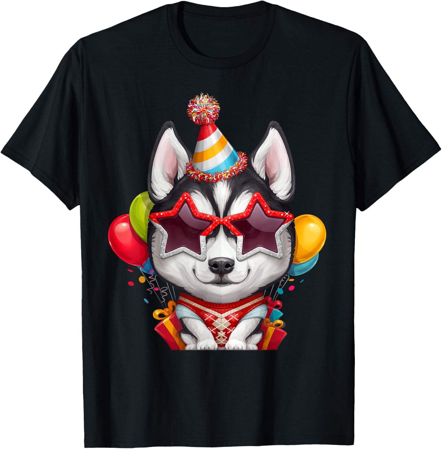 Siberian Husky in Glasses Birthday T-Shirt - T-Shirt | Black