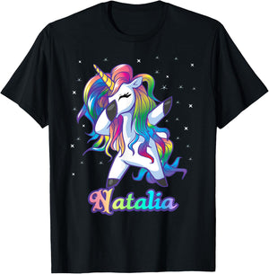 NATALIA Name Personalized Custom Rainbow Unicorn Dabbing T-Shirt - T-Shirt | Black