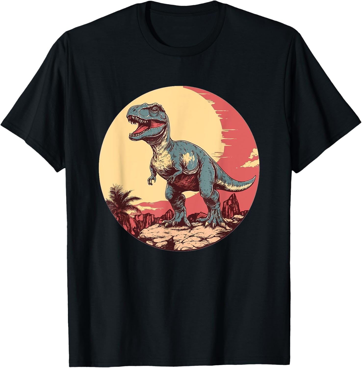 Vintage T-Rex Dinosaur Roaring Sunset T-Shirt - T-Shirt | Black