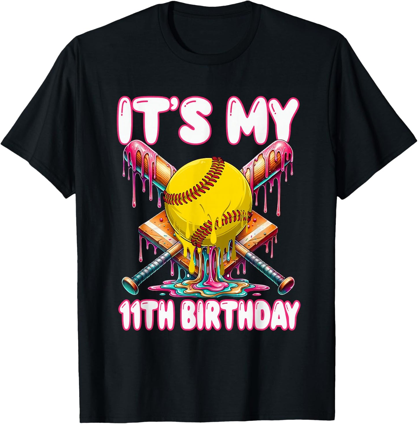 It's My 11th Birthday Softball Drip 11 Year Old Girl Party T-Shirt - T-Shirt | Black