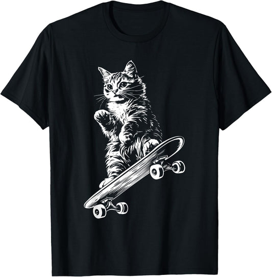 Funny Cat Skateboard Skater Graphic T-Shirt - T-Shirt | Black