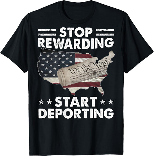 Stop Rewarding Start Deporting Vintage American Flag (BACK) T-Shirt - T-Shirt | Black