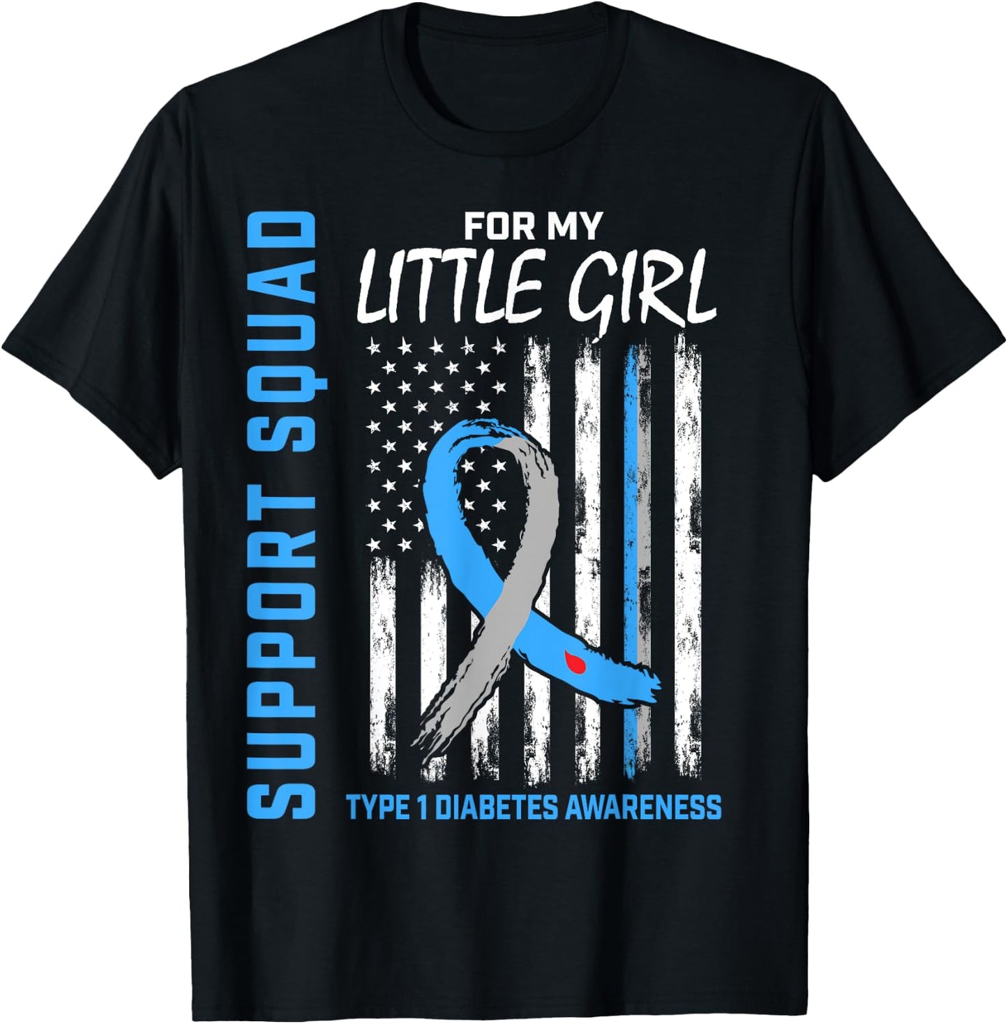 Little Girl Type 1 Diabetes Shirt USA Flag Support Squad T1D T-Shirt - T-Shirt | Black