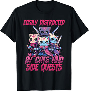 RPG Gamer Cats Side Quest Distracted Nerdy Tabletop Fun Men T-Shirt - T-Shirt | Black