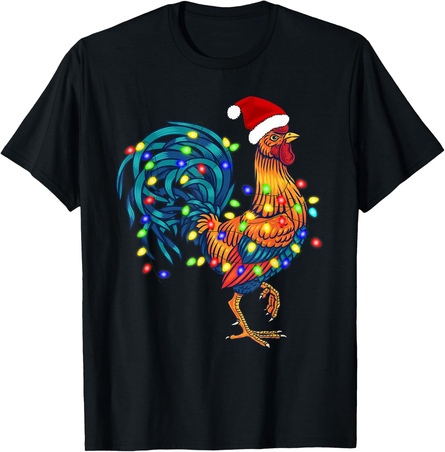 Funny Rooster Chicken Santa Christmas Lights Farmer Pajamas T-Shirt - T-Shirt | Black