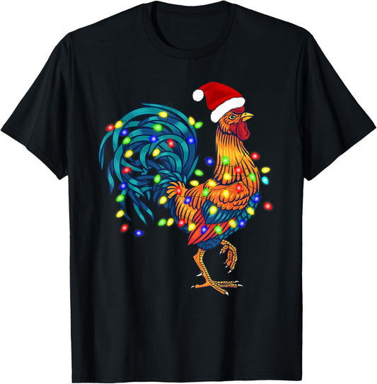 Funny Rooster Chicken Santa Christmas Lights Farmer Pajamas T-Shirt - T-Shirt | Black