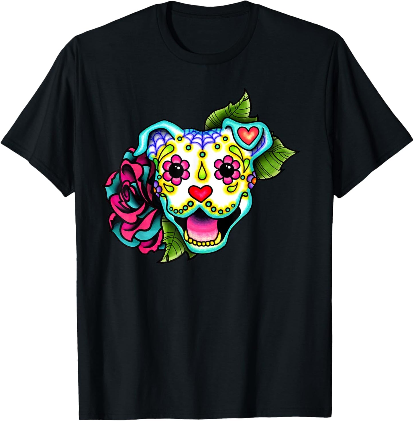 Smiling Pitbull in White - Day of the Dead Sugar Skull Dog Men Women Girls Kids T-Shirt - T-Shirt | Black