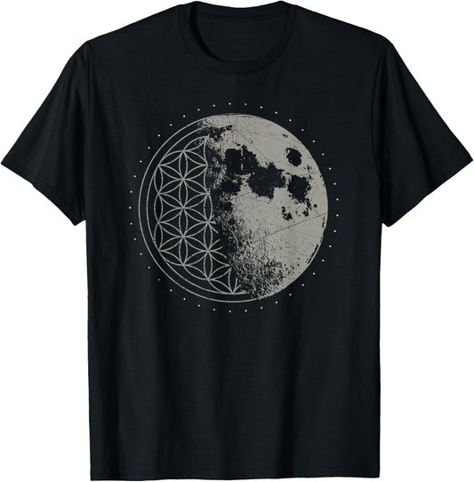 Sacred Geometry Moon Flower of Life Psychedelic Goa LSD DMT T-Shirt - T-Shirt | Black