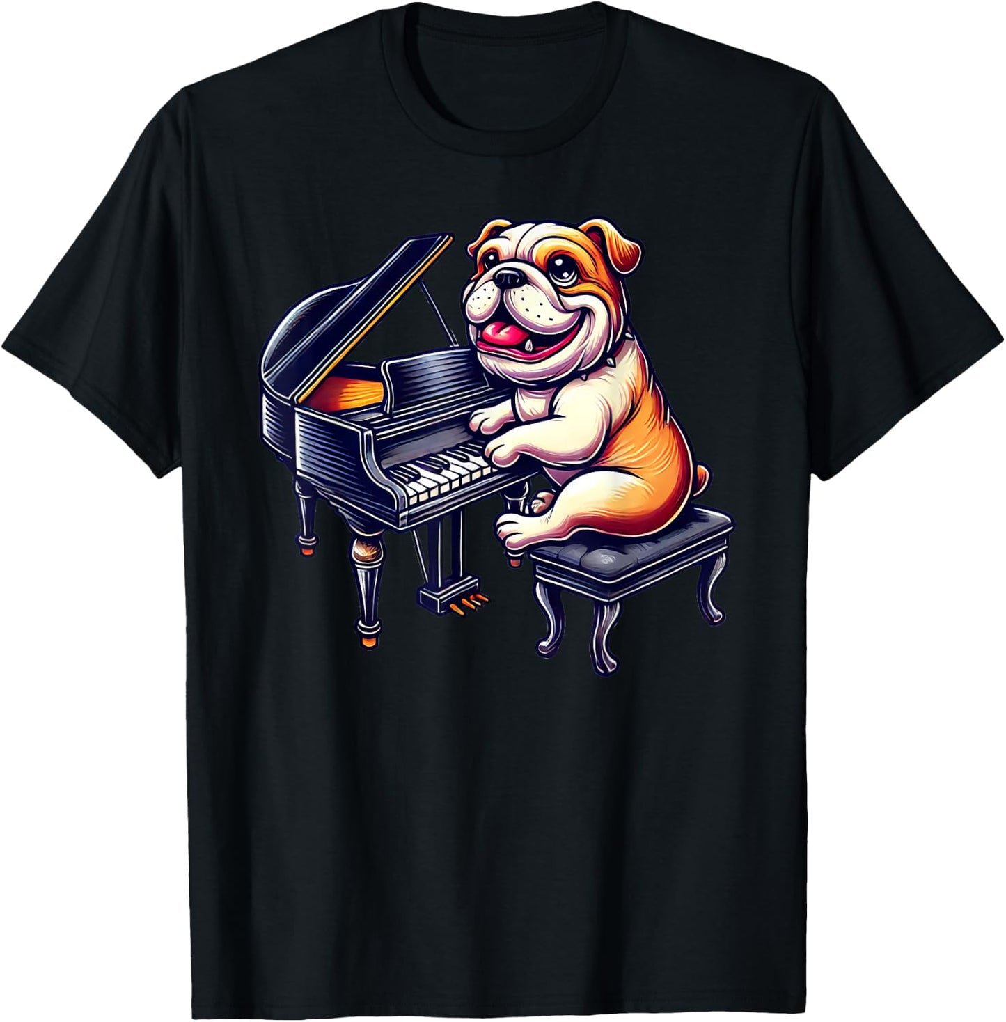 Cute English Bulldog Dog Playing Piano Musician Music T-Shirt - T-Shirt | Black