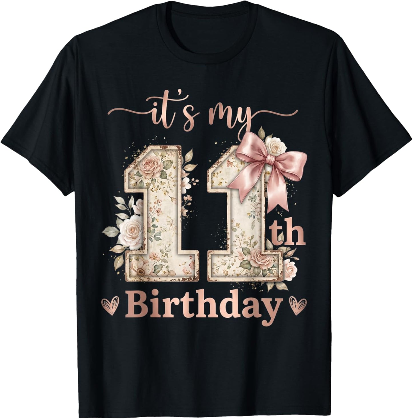 It's My 11th Birthday Girl Coquette Bow Pink 11 Year Old T-Shirt - T-Shirt | Black