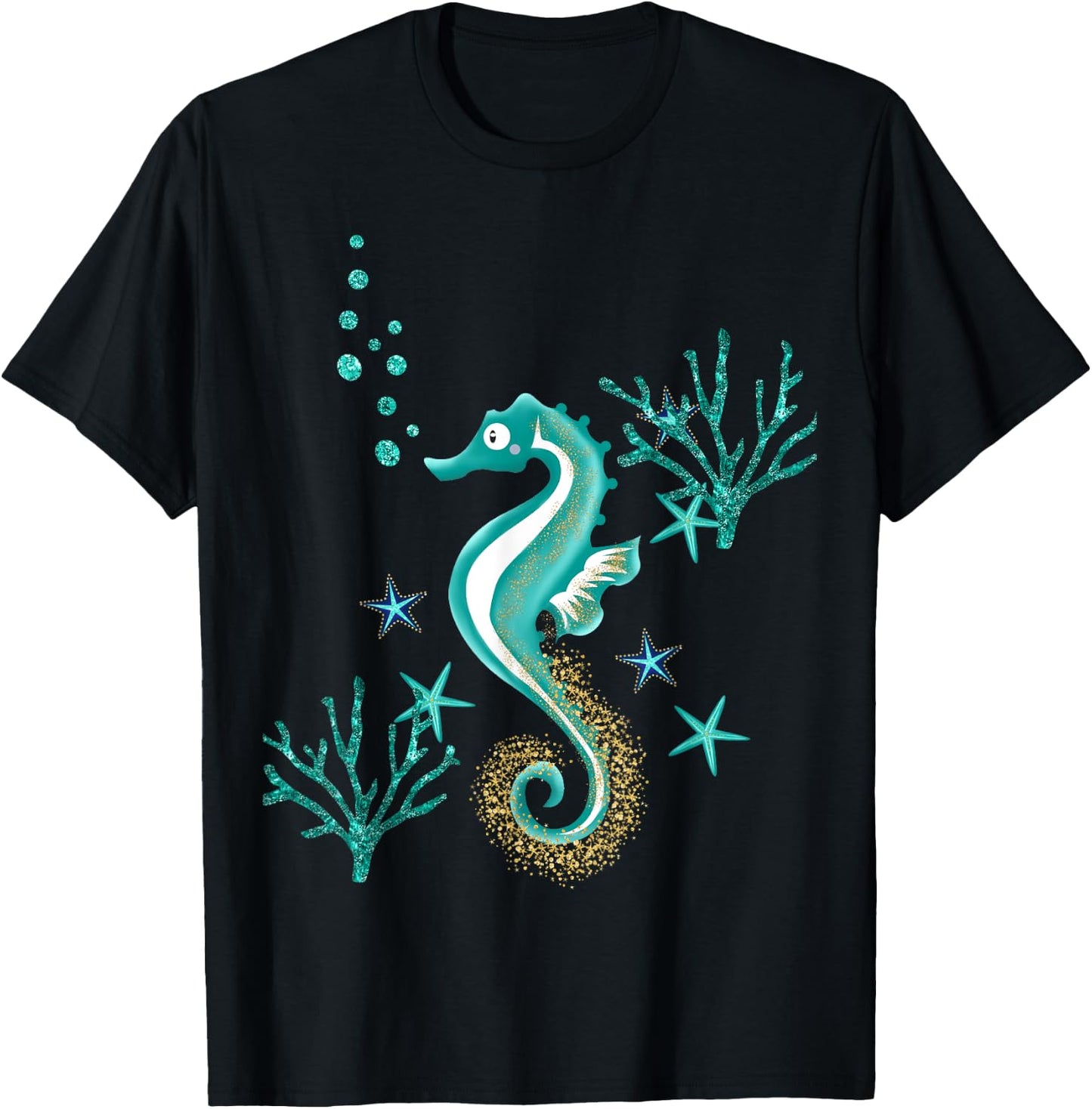 Turquoise Seahorse Ocean Design T-Shirt - T-Shirt | Black