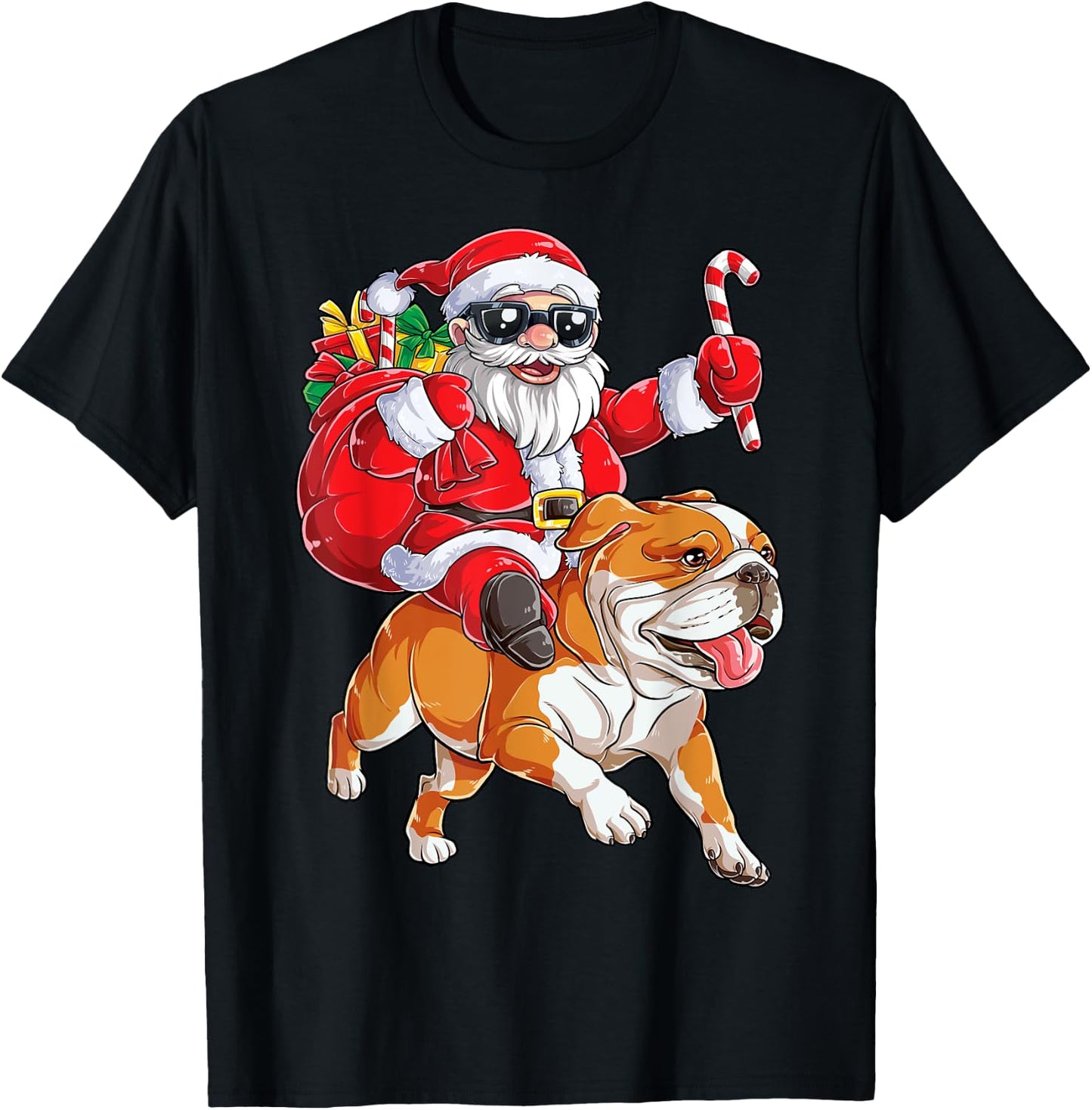 Christmas Santa Claus Riding English Bulldog Xmas Boys Dog T-Shirt - T-Shirt | Black
