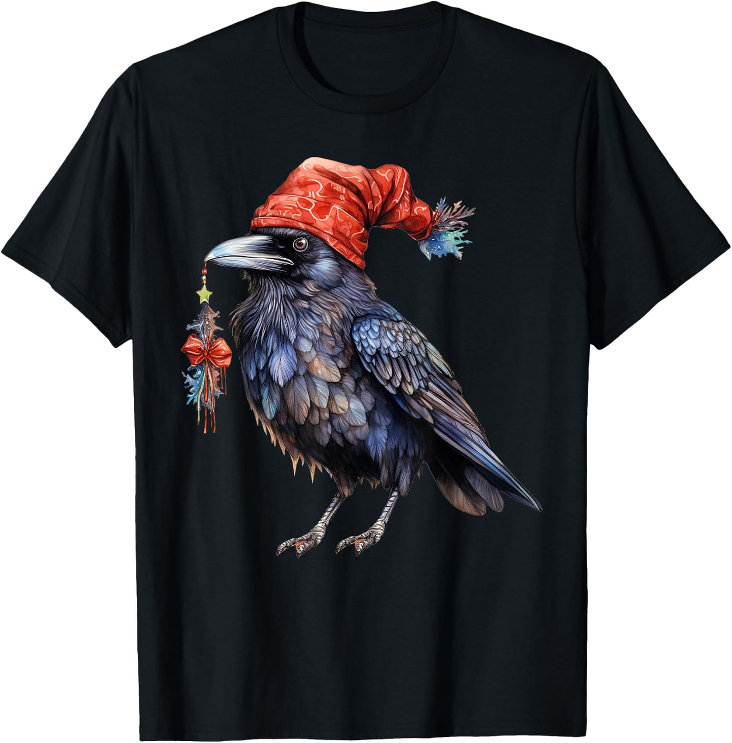 Christmas Raven Santa Hat Animal Raven Crow Bird Lover T-Shirt - T-Shirt | Black