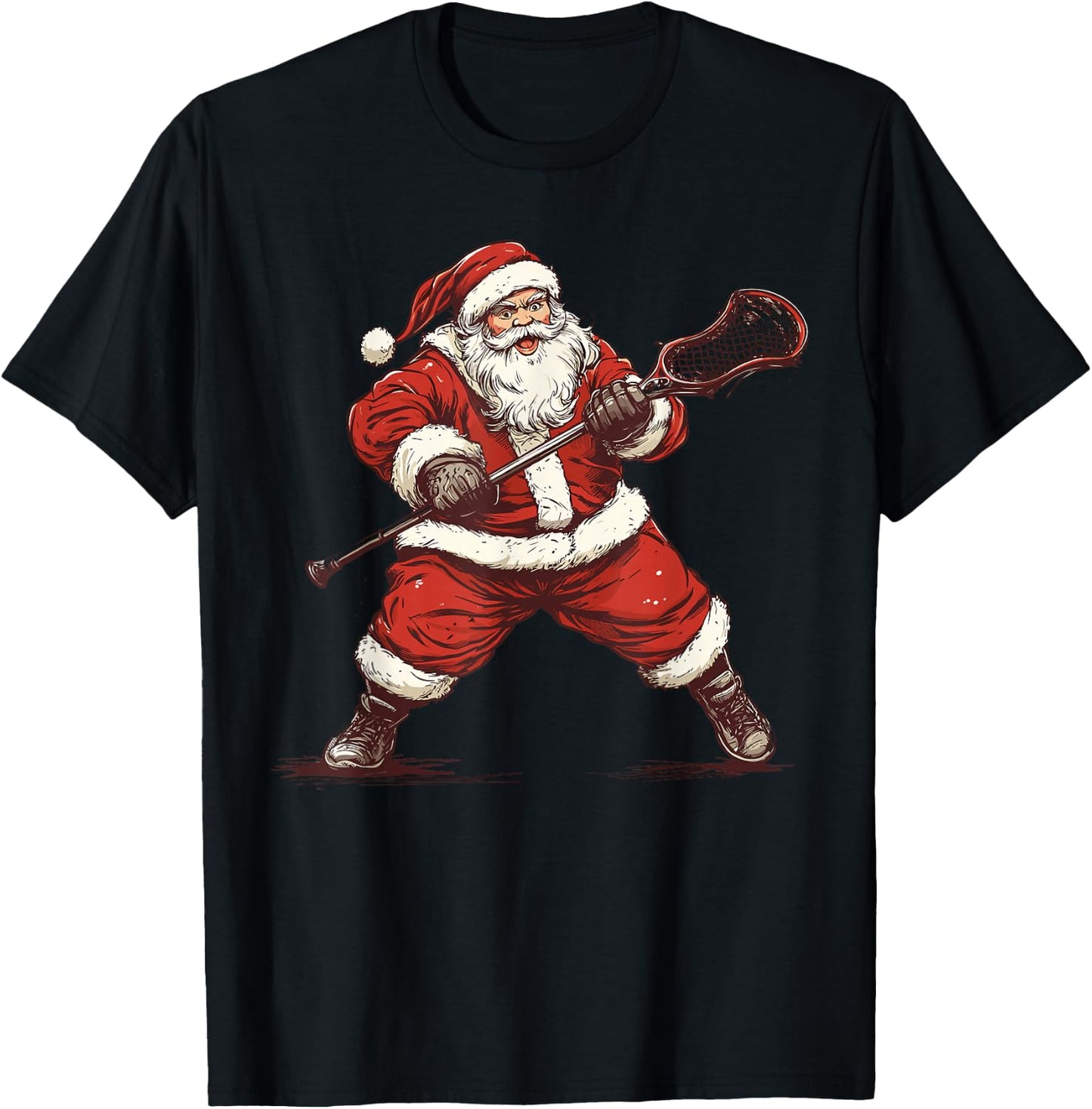 Santa Playing Lacrosse Funny Lacrosse Lax Player Christmas T-Shirt - T-Shirt | Black