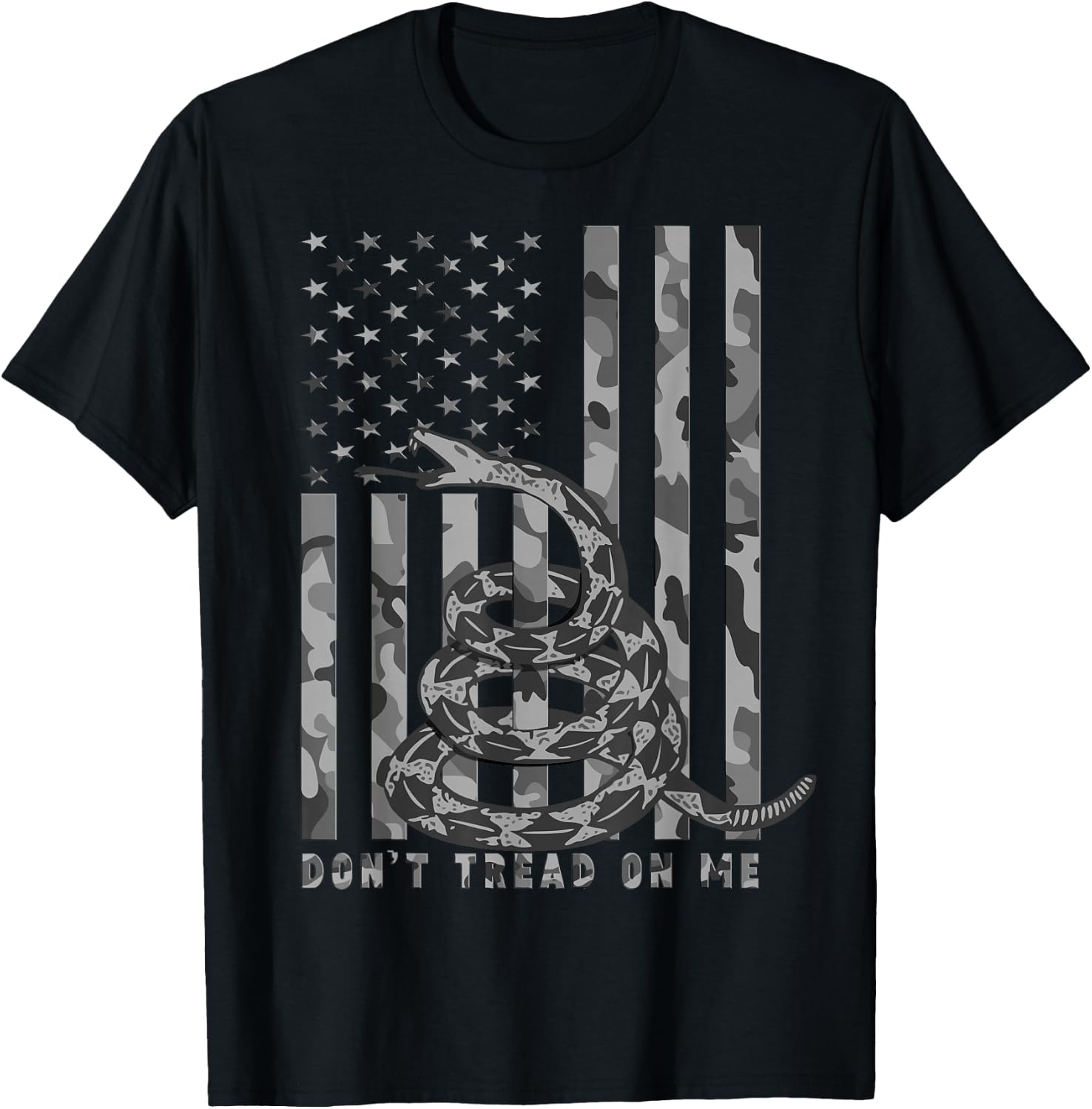Don't Tread on Me White Camo American Flag Snake T-Shirt - T-Shirt | Black
