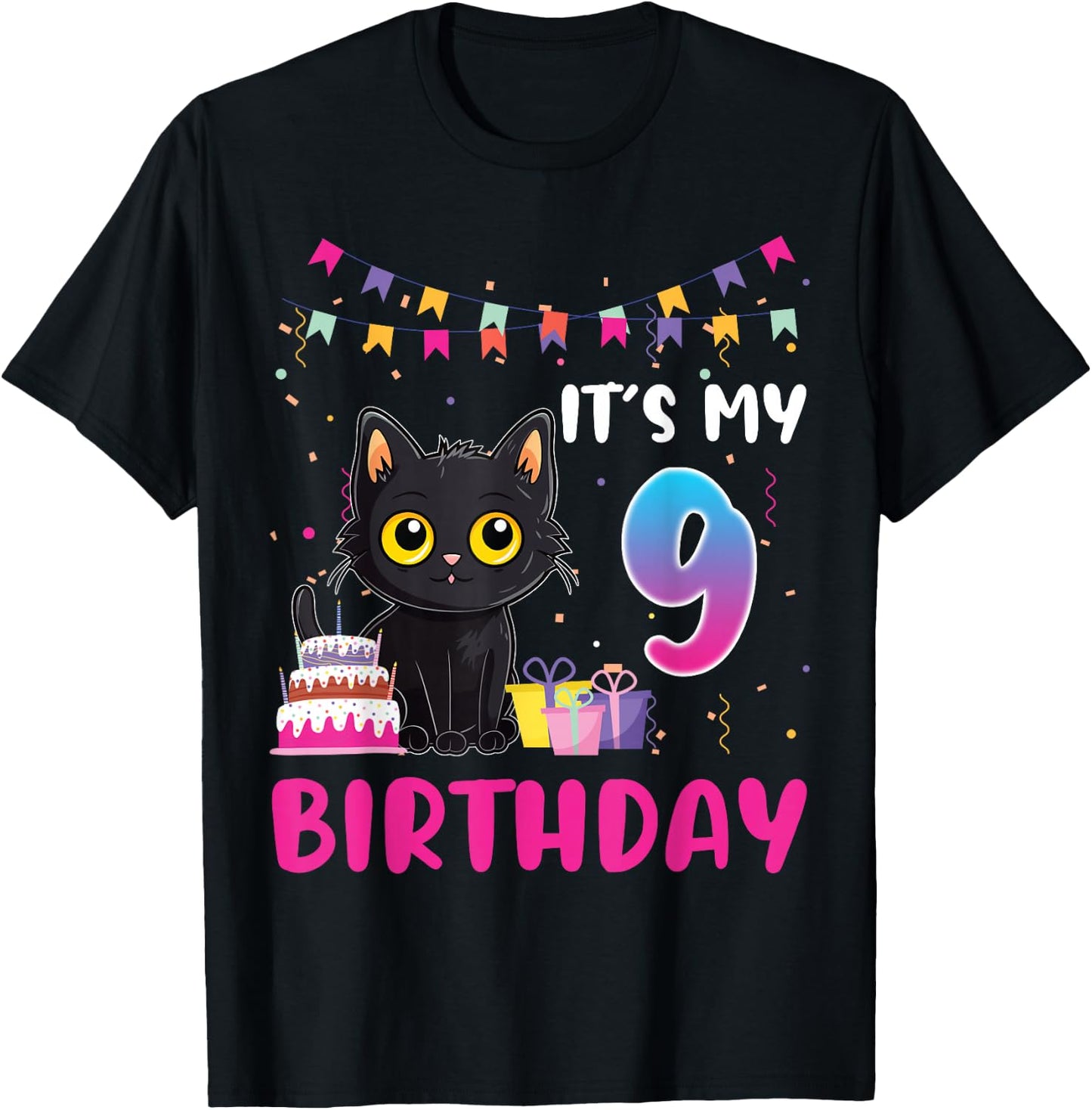 It's My 9th Birthday Cat 9 Years Old Birthday Party T-Shirt - T-Shirt | Black
