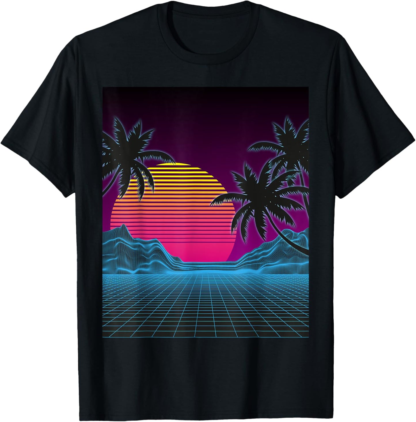 Vaporwave Aesthetic Sunset Mountains Palms Retro T-Shirt - T-Shirt | Black