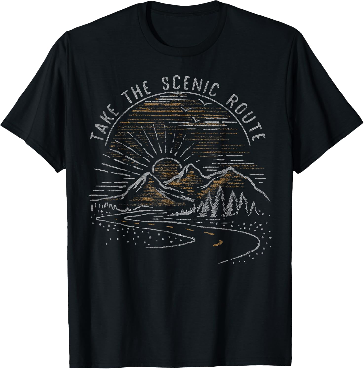 Take The Scenic Route Mountain Sunrise Sketch T-Shirt - T-Shirt | Black