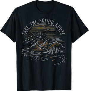 Take The Scenic Route Mountain Sunrise Sketch T-Shirt - T-Shirt | Black