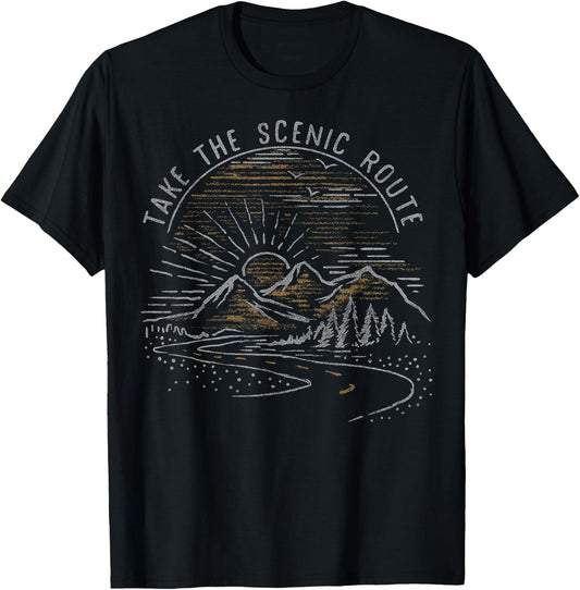Take The Scenic Route Mountain Sunrise Sketch T-Shirt - T-Shirt | Black