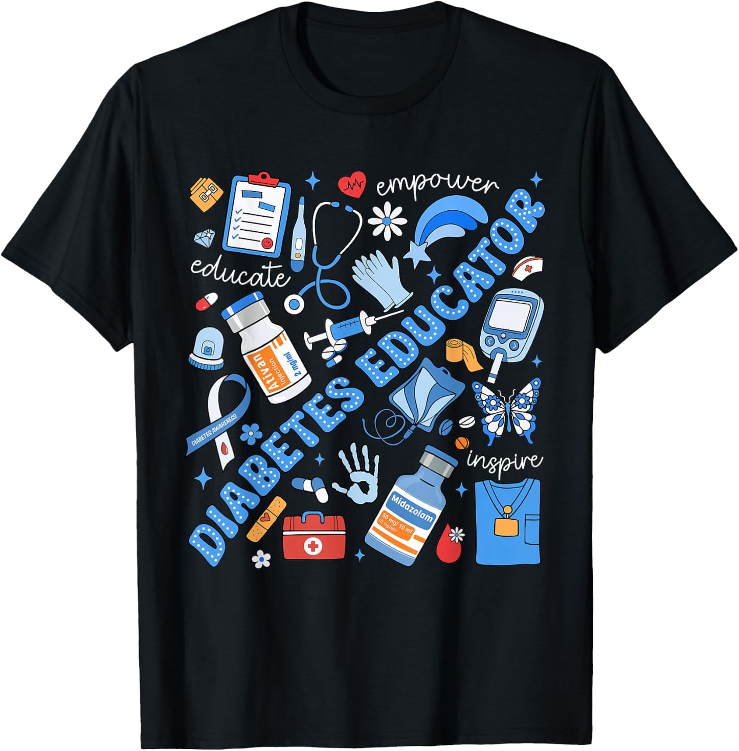Diabetes Educator Support Diabetes Awareness Blue Ribbon T1D T-Shirt - T-Shirt | Black