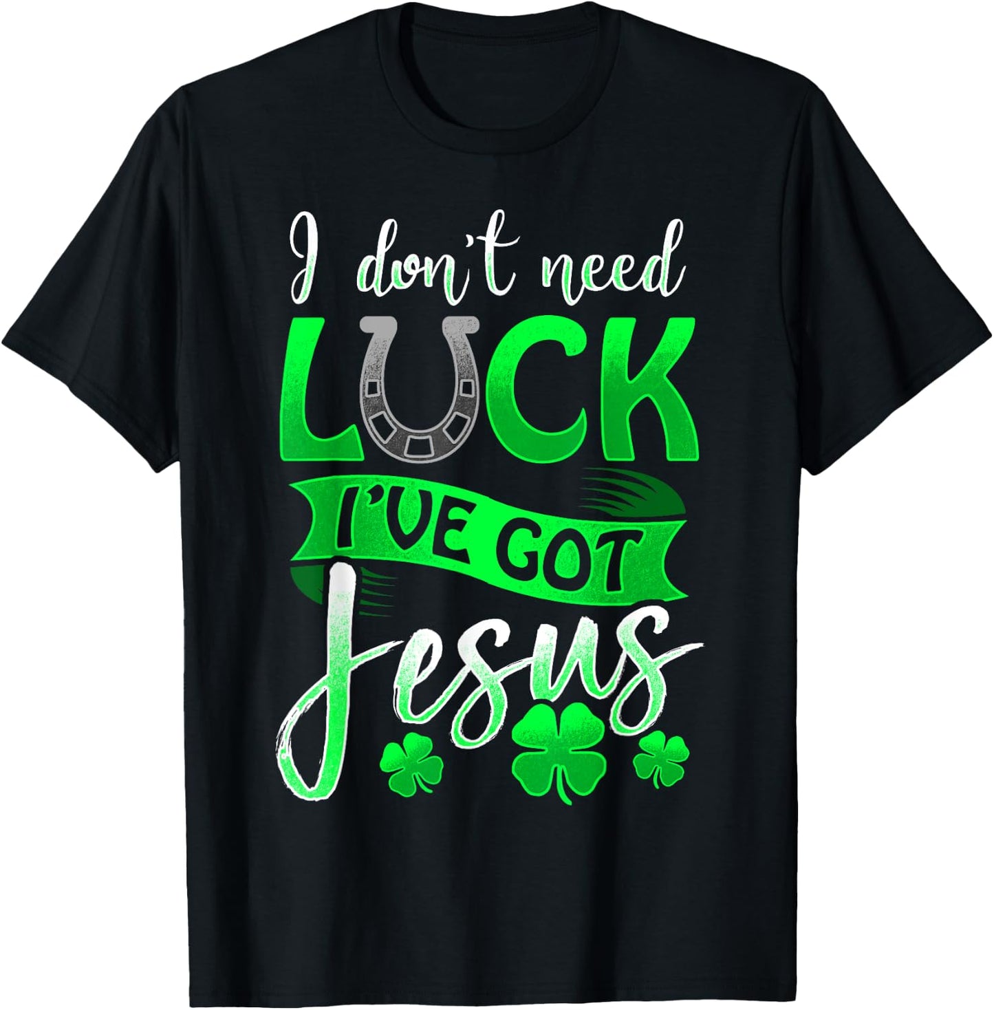 Lucky Irish Holiday by 3C St. Patrick's Day Christian Black Cotton/Polyester , Small, Short Sleeve, Round Neck, Casual, All Seasons, Letter Print, Horse & Jesus Theme T-Shirt - T-Shirt | Black