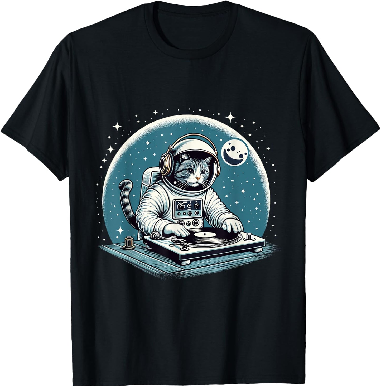 DJ Space Cat Shirt Disc Jockey Cat in Astronaut Suit Costume Men Women Kids T-Shirt - T-Shirt | Black