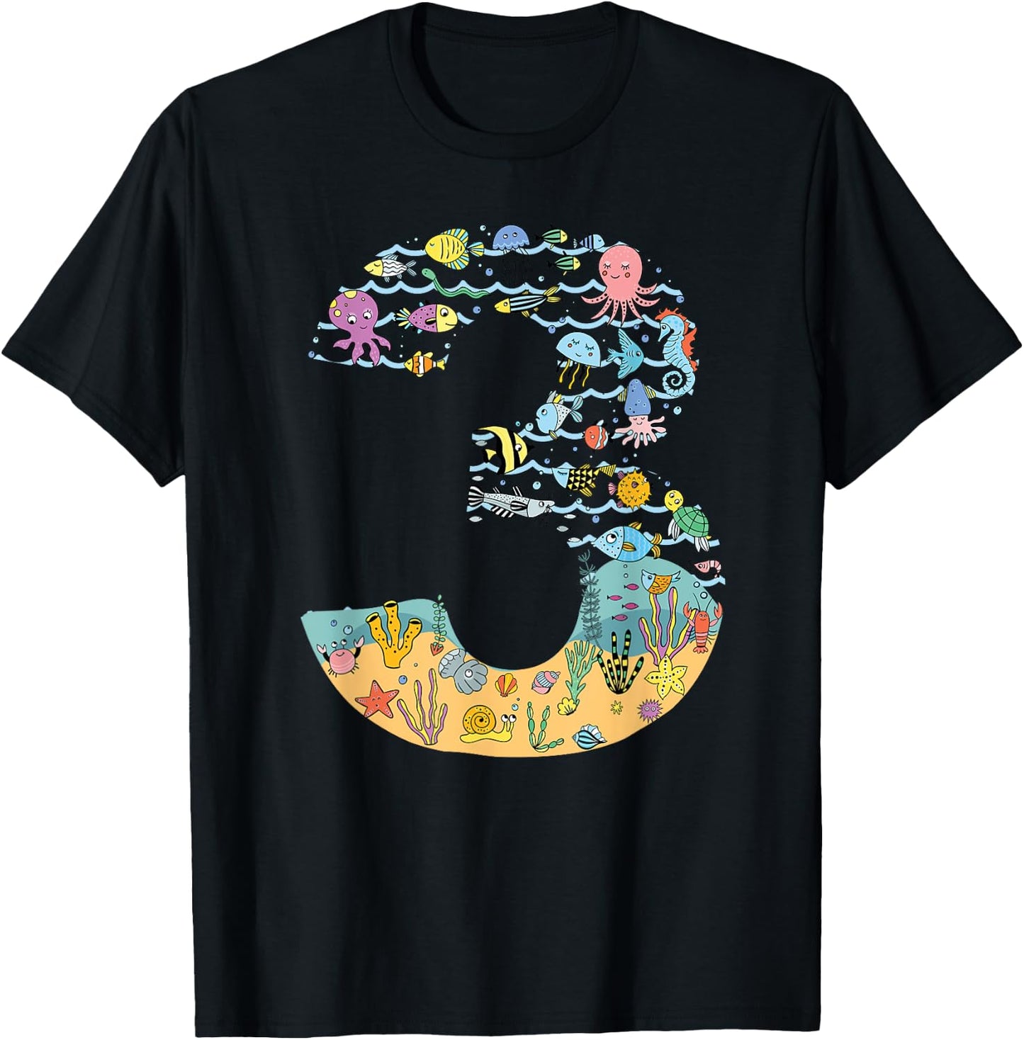 Under The Sea Fish Starfish Third Birthday number 3 T-Shirt - T-Shirt | Black