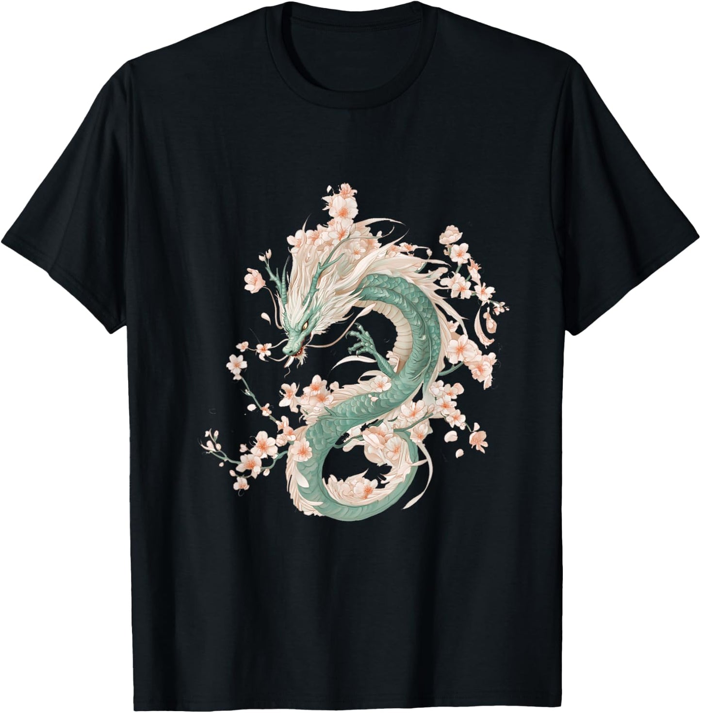 Green Dragon Spirit in Cherry Blossom Glory T-Shirt - T-Shirt | Black