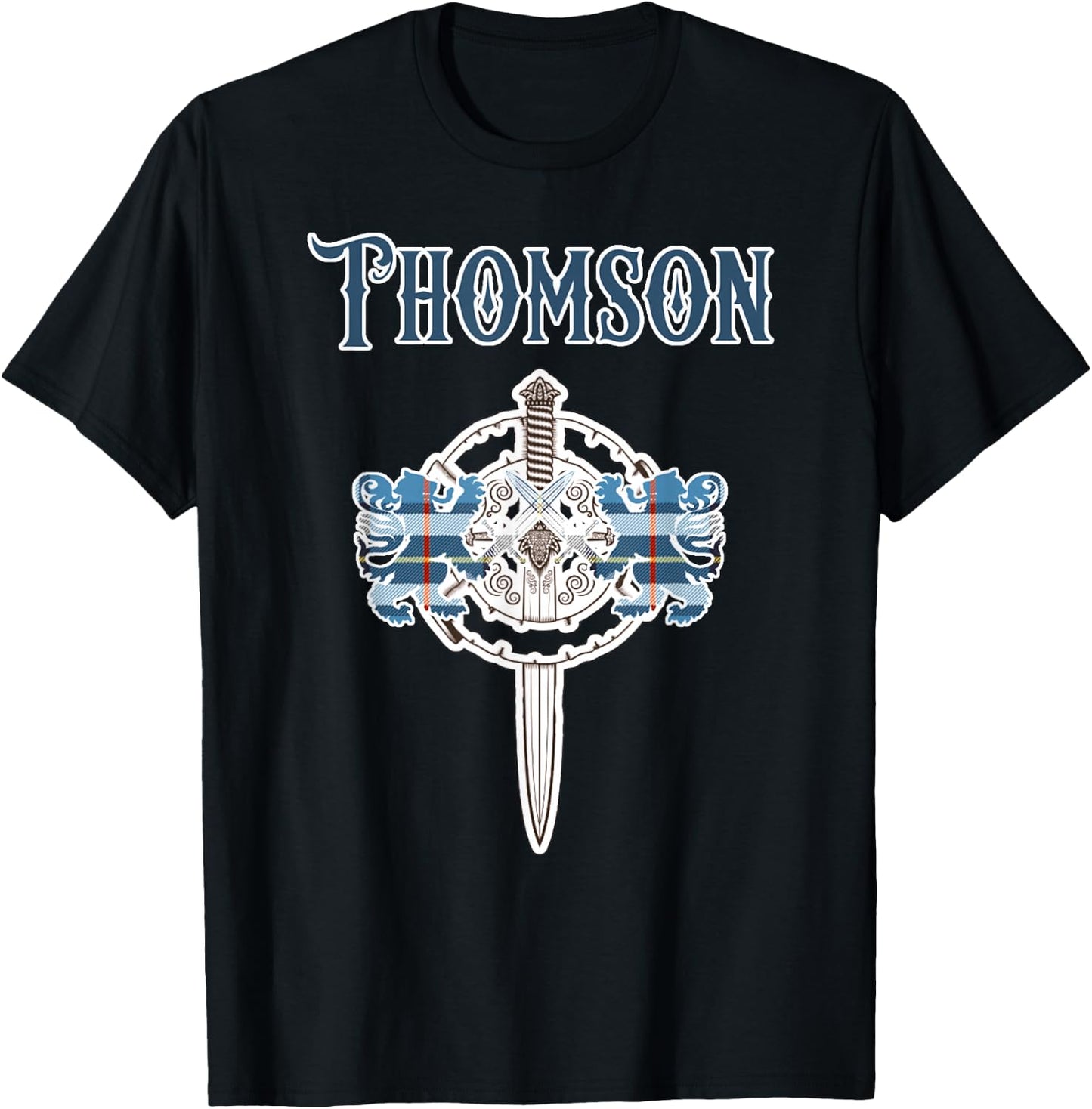 Thomson Scottish Clan Family Name Tartan Lion Sword T-Shirt - T-Shirt | Black