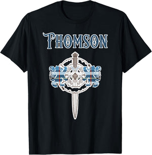 Thomson Scottish Clan Family Name Tartan Lion Sword T-Shirt - T-Shirt | Black