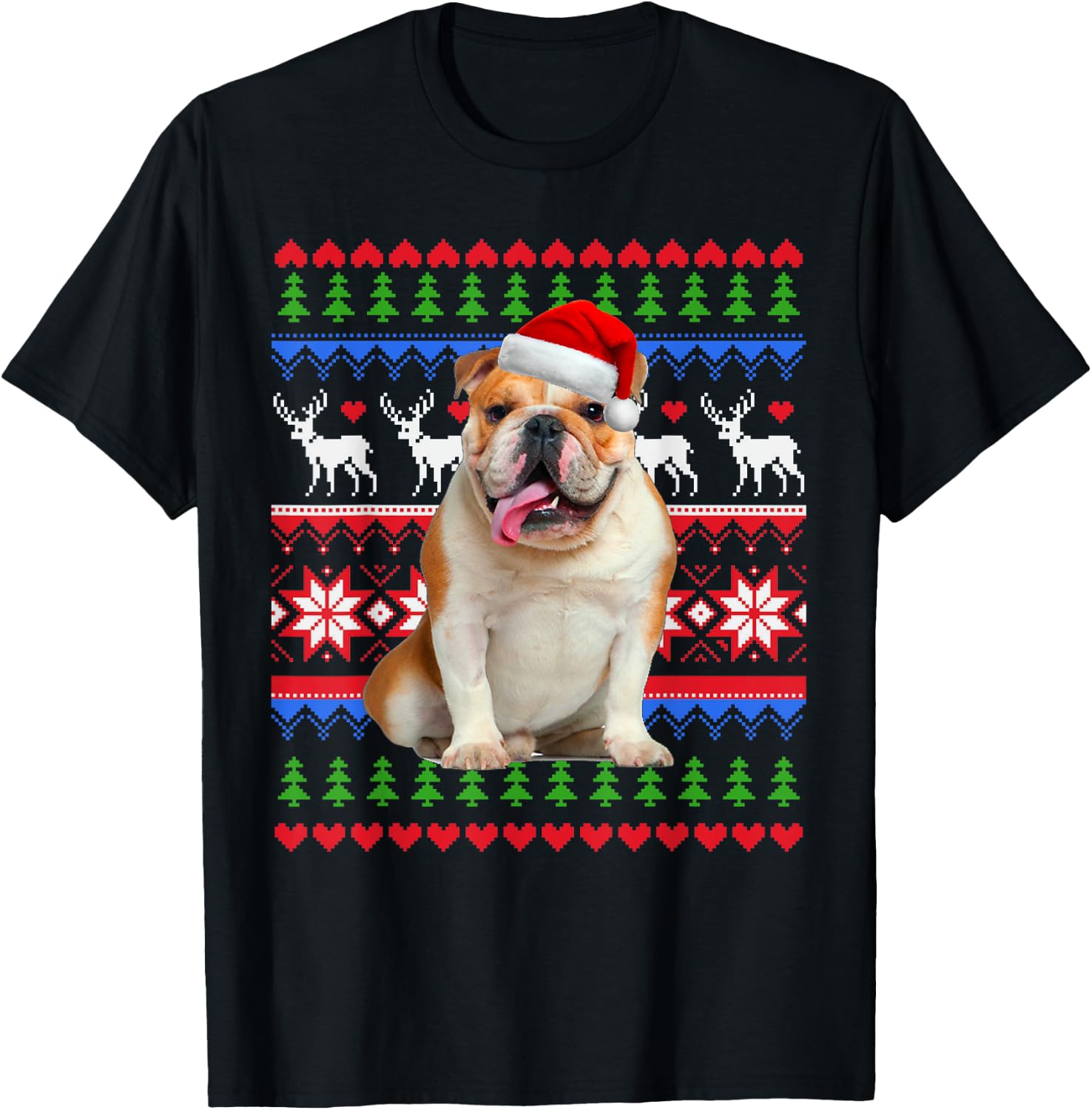 Santa English Bulldog Christmas Light Ugly Christmas Sweater Women Kids T-Shirt - T-Shirt | Black