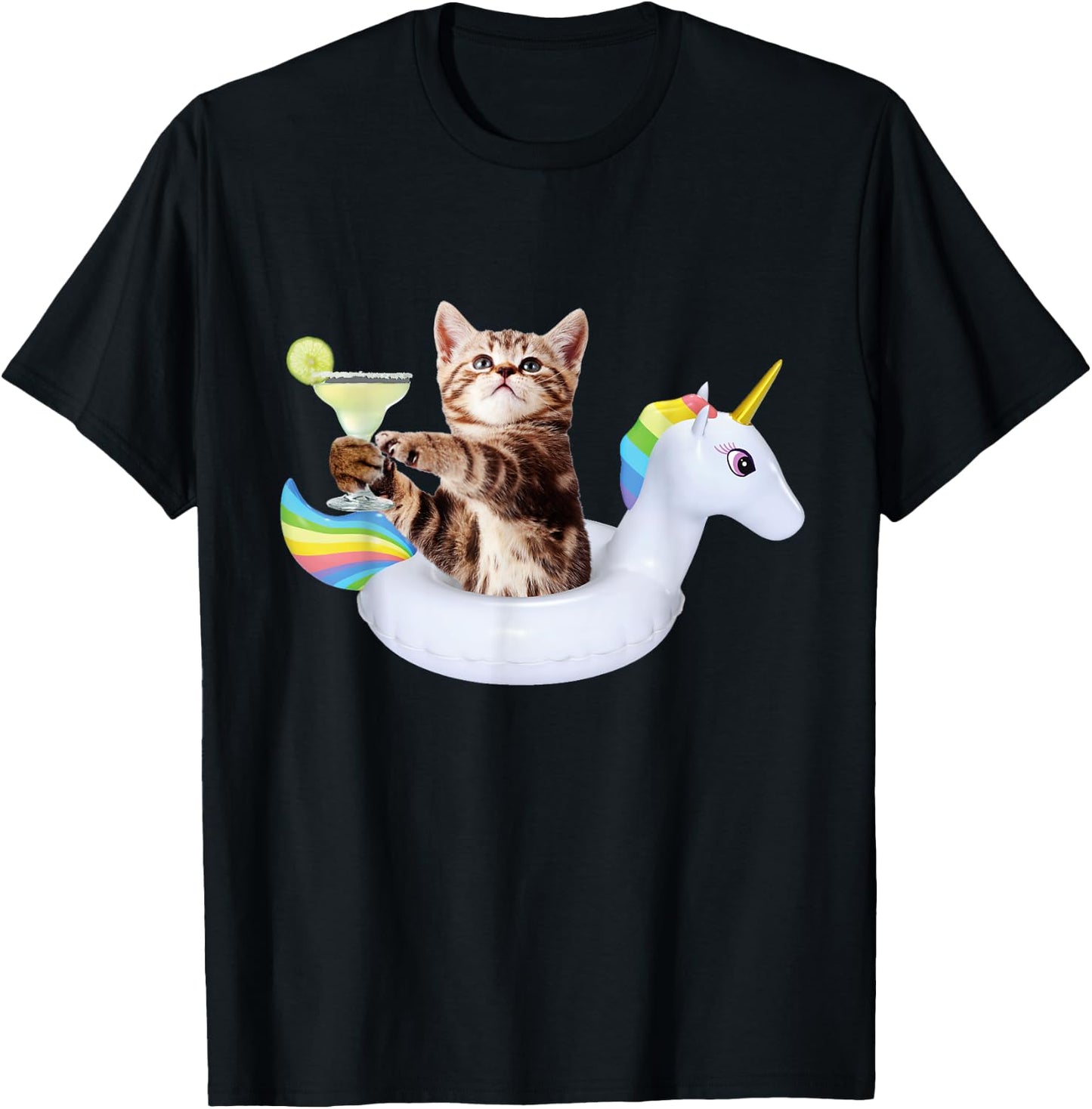 Summer Kitty With Margarita & Unicorn Float Funny Cat Shirt T-Shirt - T-Shirt | Black