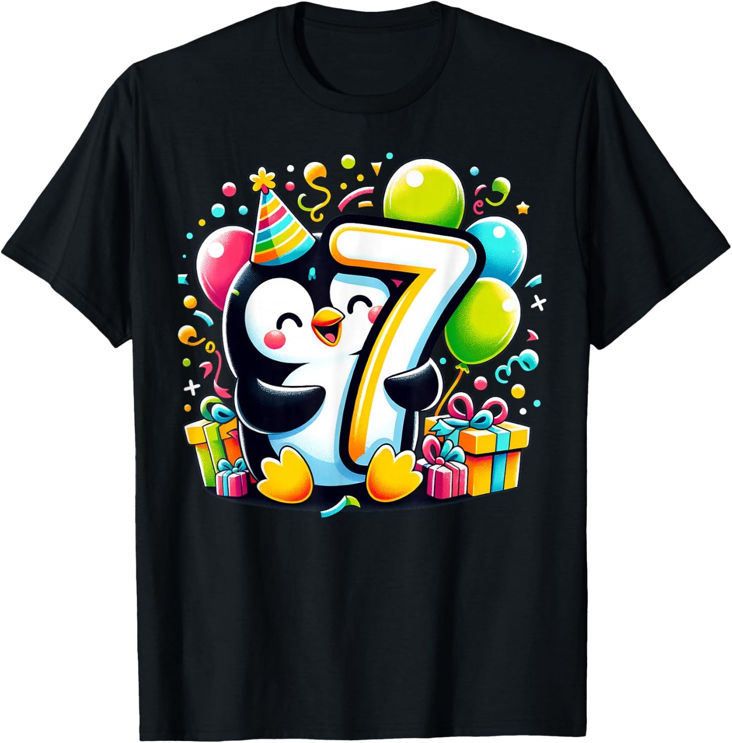 Penguin 7th birthday for boy girl 7 years old seven Penguin T-Shirt - T-Shirt | Black