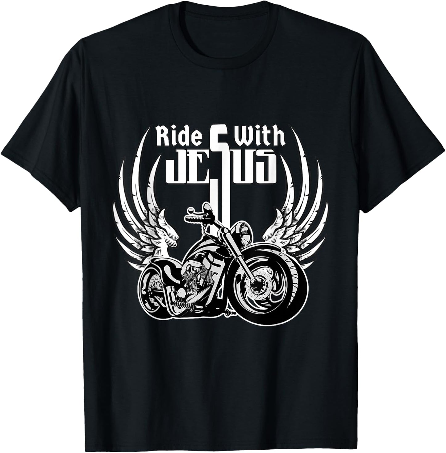 Ride With Jesus Christian Biker Men Women Kids Motorcycle T-Shirt - T-Shirt | Black