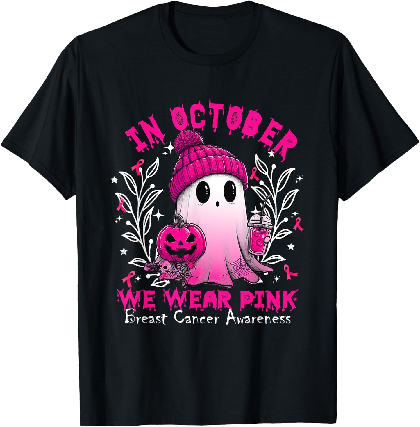 In October We Wear Pink Ghost Witch Breast Cancer Awareness T-Shirt - T-Shirt | Black