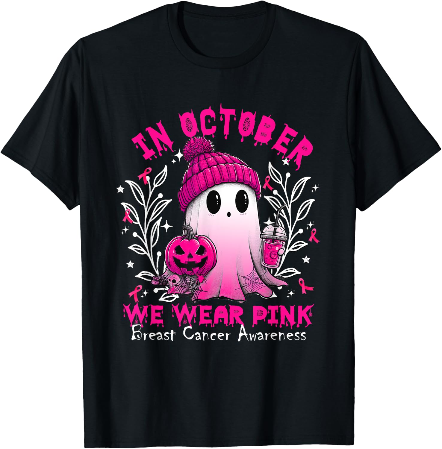 In October We Wear Pink Ghost Witch Breast Cancer Awareness T-Shirt - T-Shirt | Black