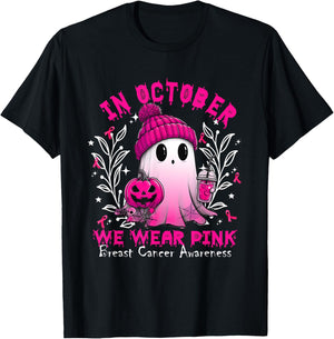 In October We Wear Pink Ghost Witch Breast Cancer Awareness T-Shirt - T-Shirt | Black