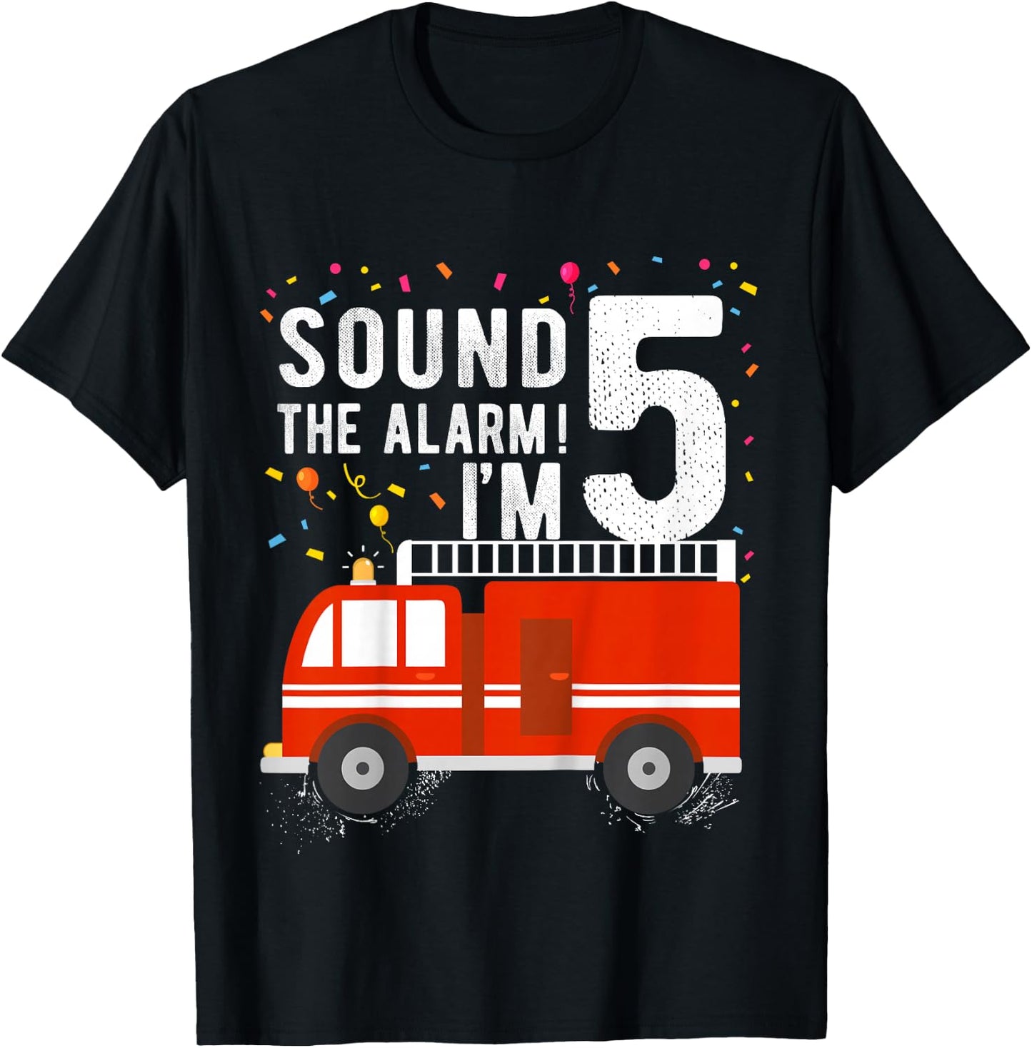 Fire Truck 5th Birthday Boy 5 Year Old Firefighter T-Shirt - T-Shirt | Black