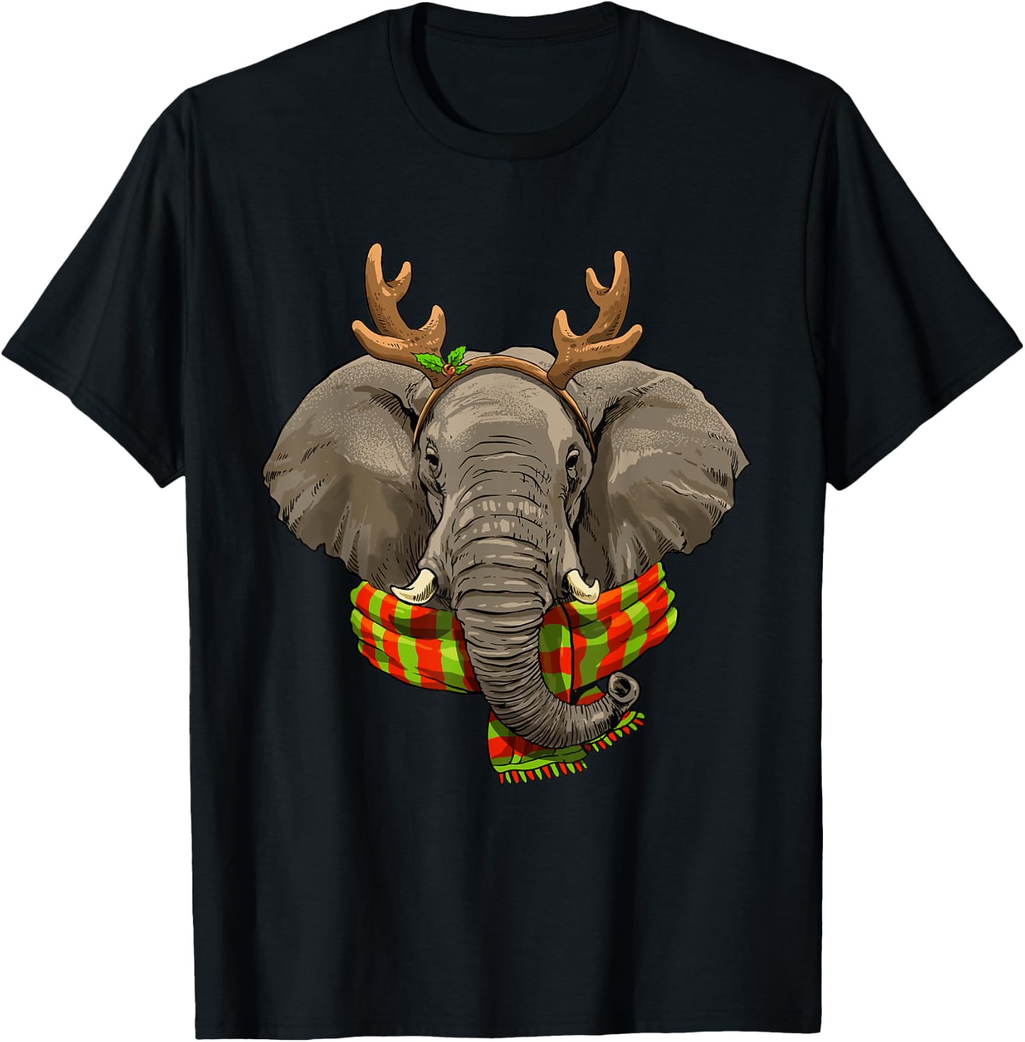 Elephant Christmas Reindeer Antlers Xmas T-Shirt - T-Shirt | Black
