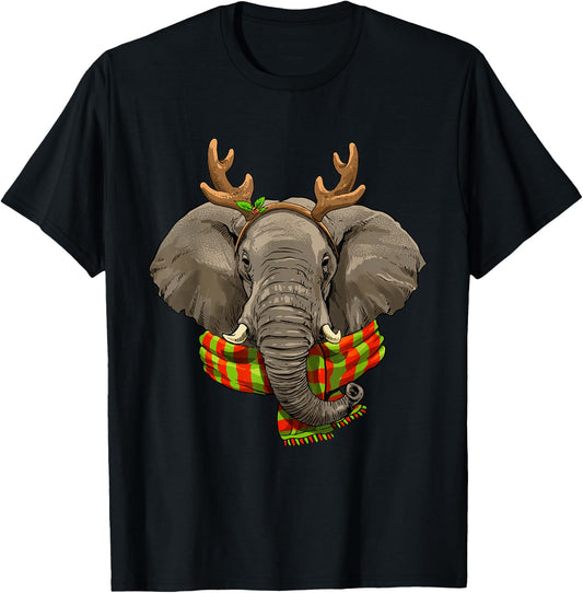 Elephant Christmas Reindeer Antlers Xmas T-Shirt - T-Shirt | Black