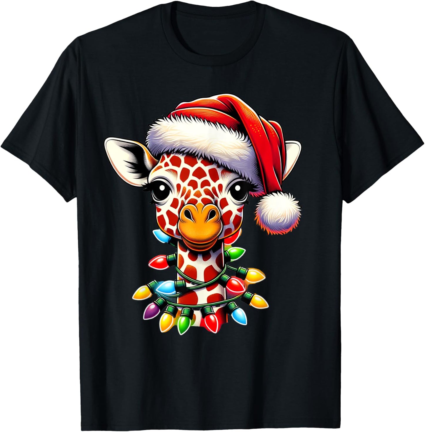 Funny Retro Giraffe Lover Santa Christmas Tree Lighting Xmas T-Shirt - T-Shirt | Black