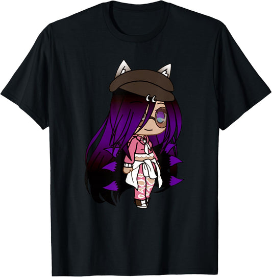 Cute Chibi Style Kawaii Anime Girl with Fox Ears and Tails T-Shirt - T-Shirt | Black