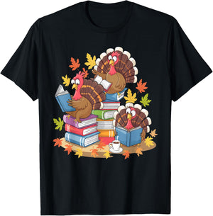 Turkey Reading Books Fall Season Thanksgiving Teacher Book T-Shirt - T-Shirt | Black