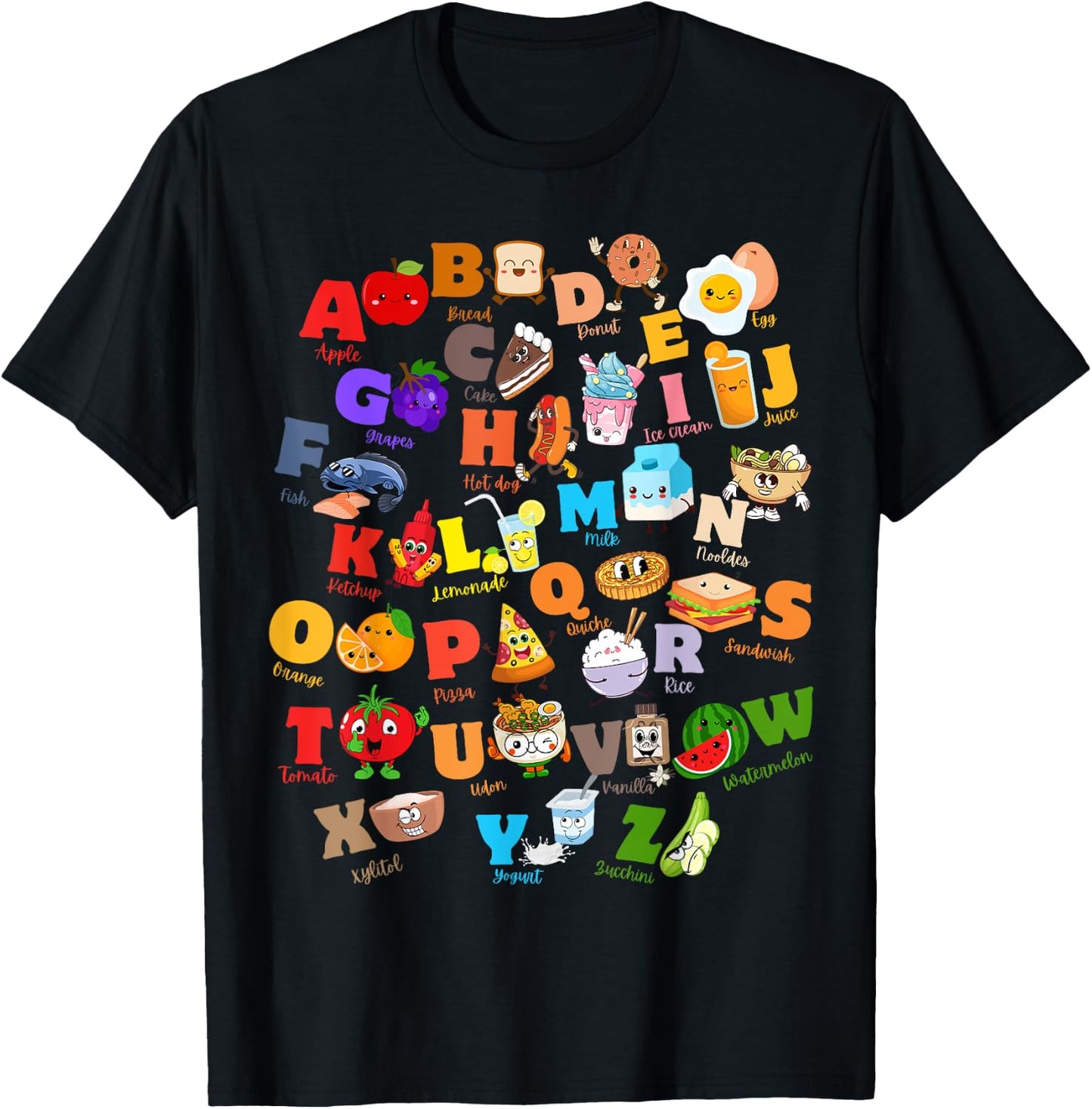 Funny Fruit And Foodie Alphabet ABCs Kindergarten Teacher T-Shirt - T-Shirt | Black