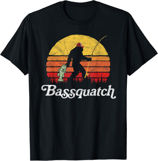 Bassquatch! Funny Bigfoot Fishing Outdoor Retro T-Shirt - T-Shirt | Black